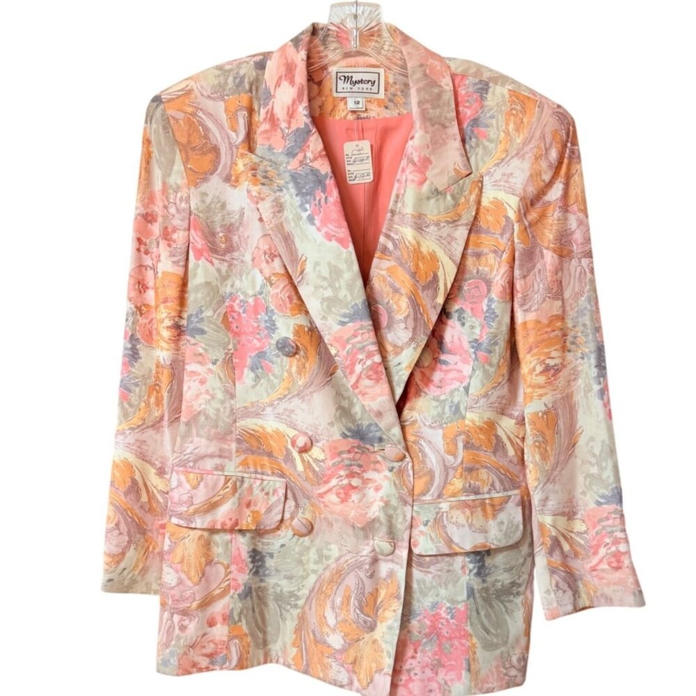 Mystery New York Floral Blazer Size 12 Jacket Pastel Peach Sage VTG 80s Pink Sag